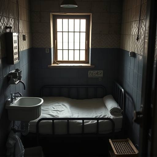 Interior de una celda en Alcatraz, con una cama de metal, un lavabo y una ventana enrejada.