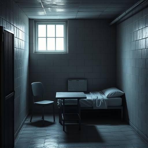 Interior de una celda estándar, con una cama sencilla, una mesa y una silla.