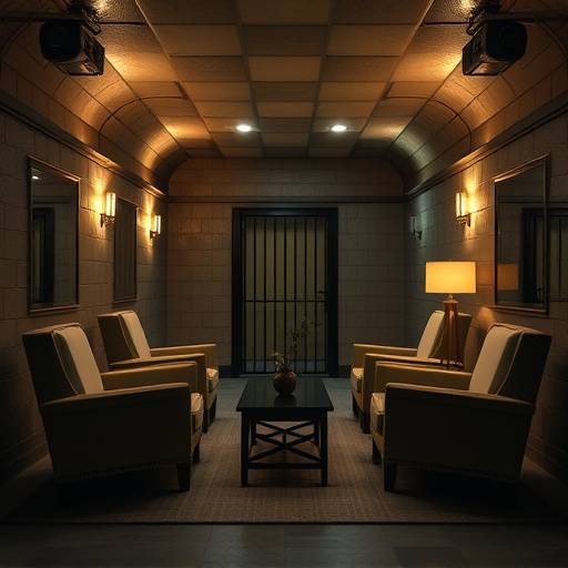 La zona de estar en una celda de lujo, con sillones cómodos, una mesa baja y una iluminación ambiental relajante.