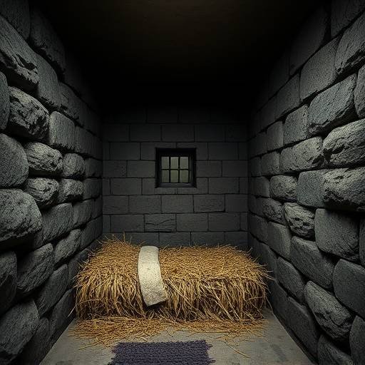 Una celda medieval con paredes de piedra, una cama de paja y una pequeña ventana que deja entrar poca luz.